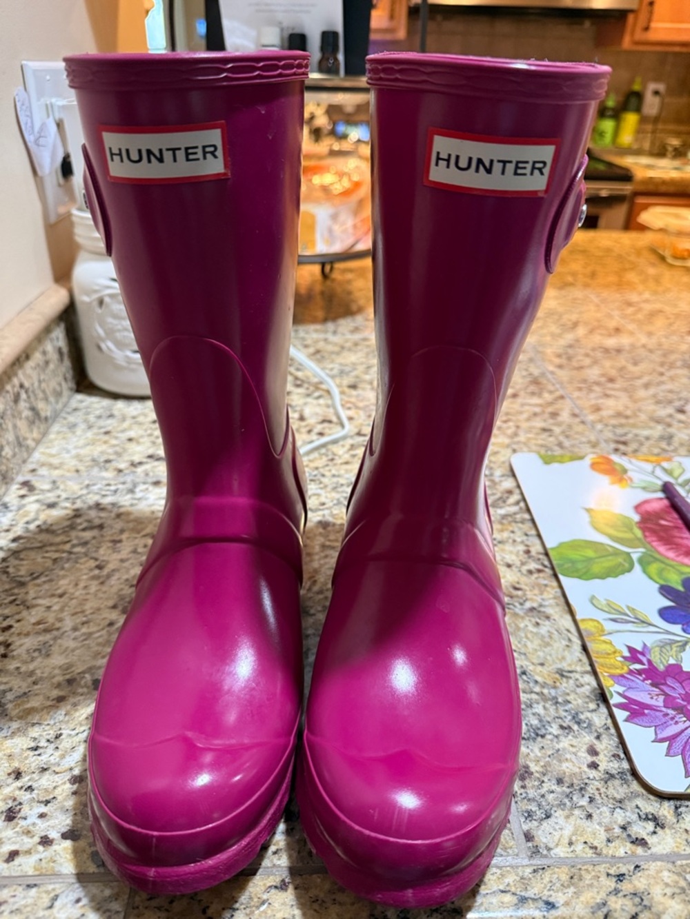 Hunter Hot Pink Glossy Rubber Rain Boots with socks size 6